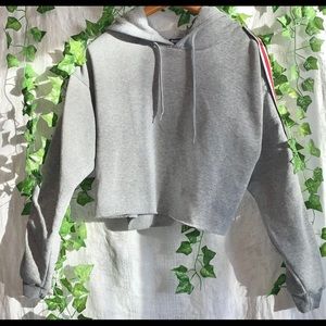 Grey cropped sweatshirt with striped arms. Rue 21